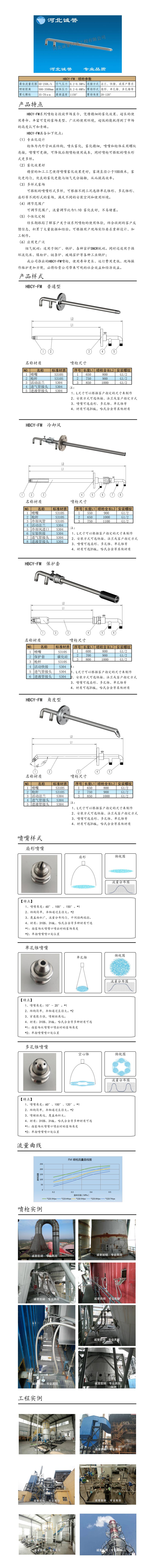 氨水噴槍、保護(hù)套、噴槍參數(shù)、材質(zhì)尺寸、流量分布圖、扇形空心錐俯視圖介紹，以及噴槍霧化視頻展示和工程案例介紹